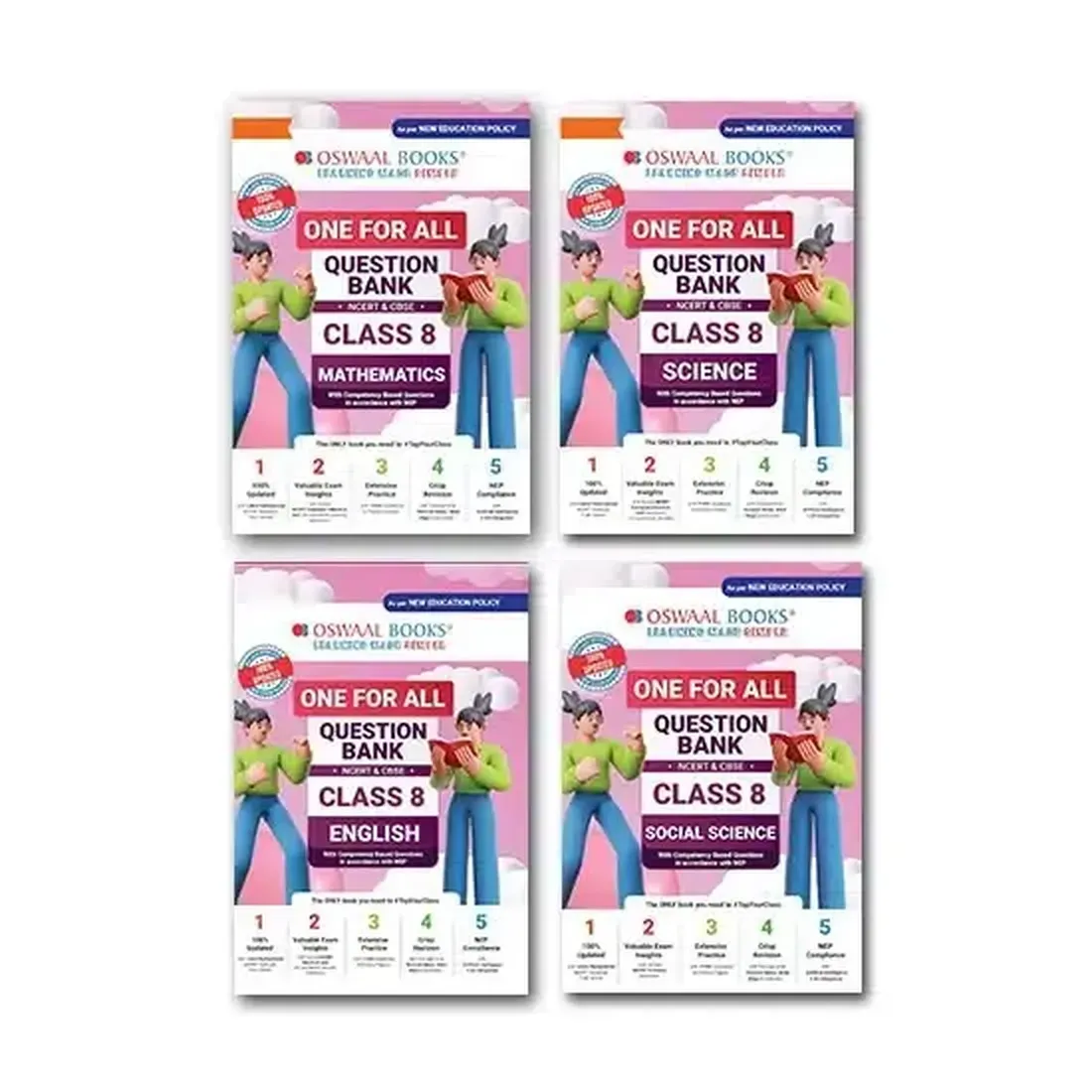 Oswaal One For All Question Banks NCERT & CBSE Class 8 (Set of 4 Books) Maths, Science, Social Science, And English